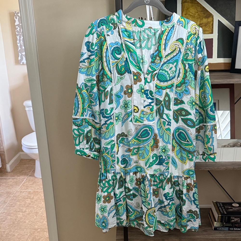 LOFT Green and Blue Paisley Long Sleeve Dress